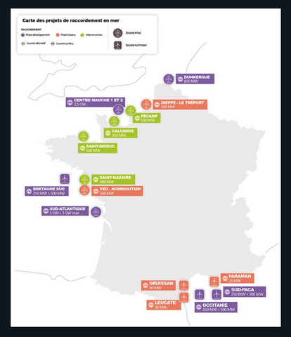 carte rte projets eoliennes mer raccordement